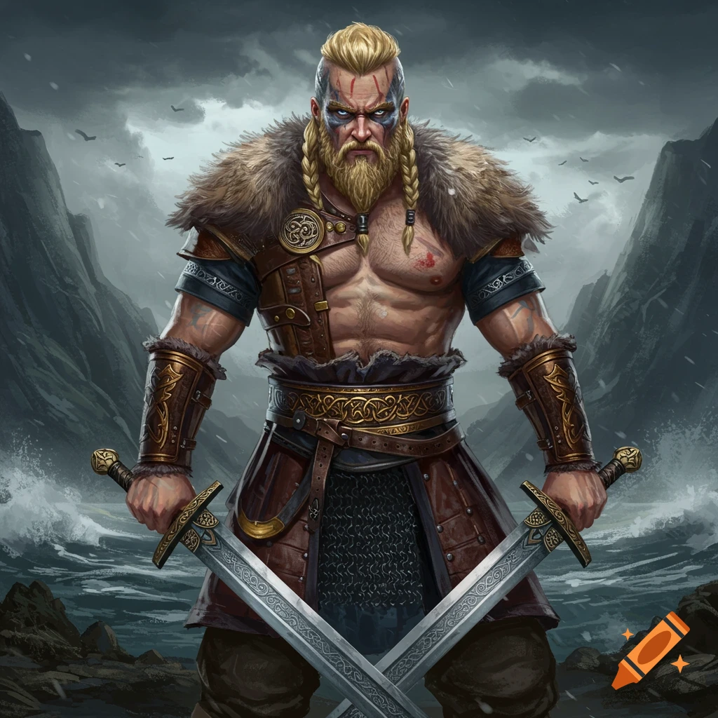 A muscular Viking warrior with blonde hair and blue eyes, holding two swords crossed in front of him, standing in a rocky landscape with rough seas and mountains.