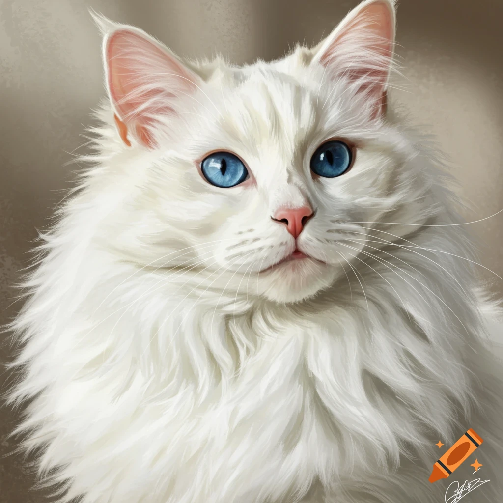 A white fluffy cat with bright blue eyes.