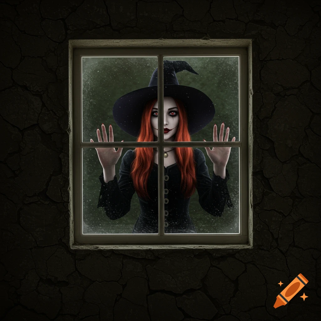 An unsettling witch with red hair and red eyes looking through a rainy window from a dark room.
