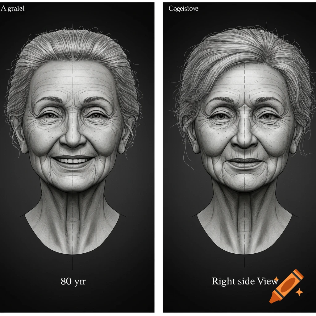 Blueprint style drawing of an elderly woman's face showing front and right-side views.