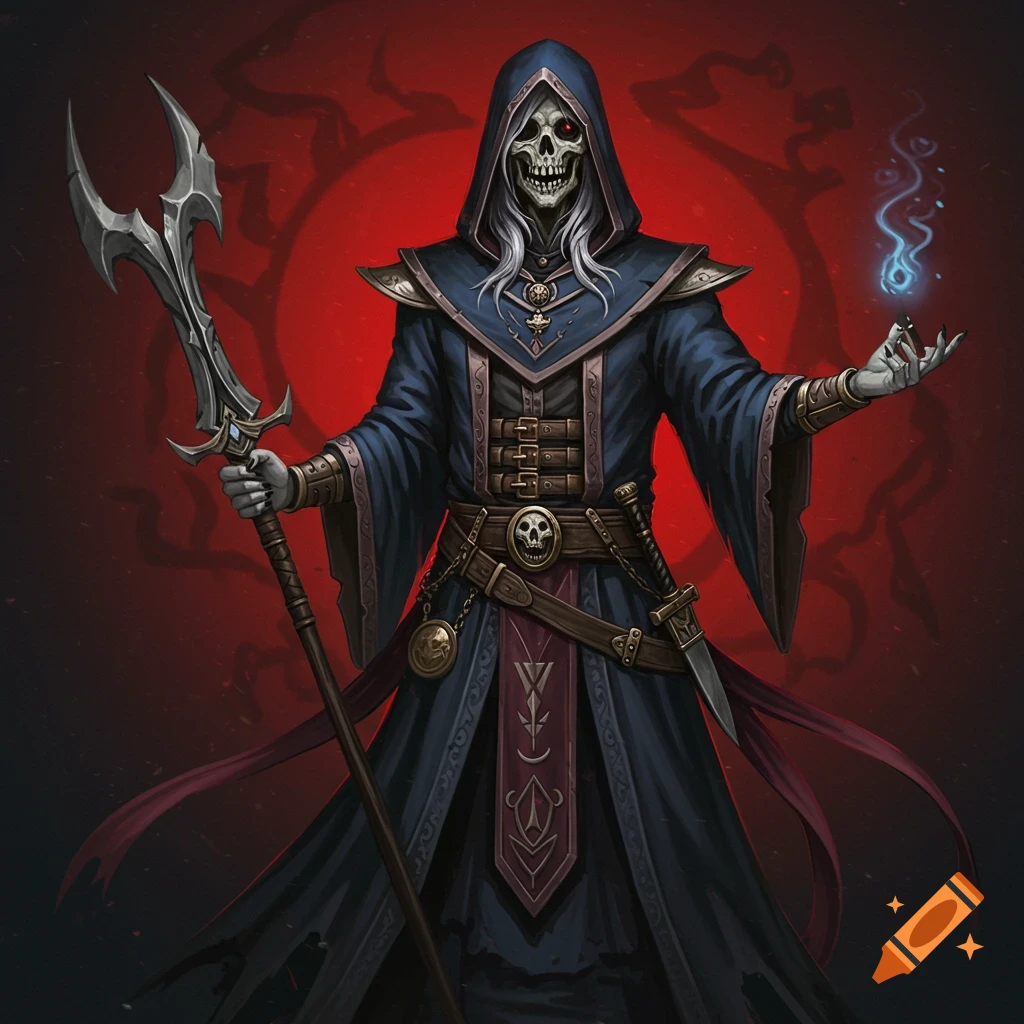 A skeletal necromancer in dark robes holding a staff and casting a spell against a red background.