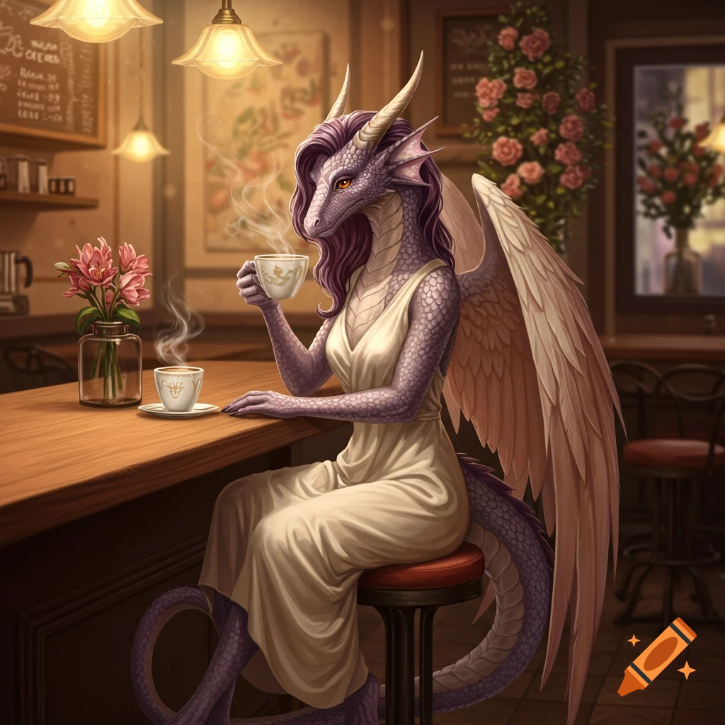 A feminine purple dragon sips coffee at the counter of a cozy coffee shop.
