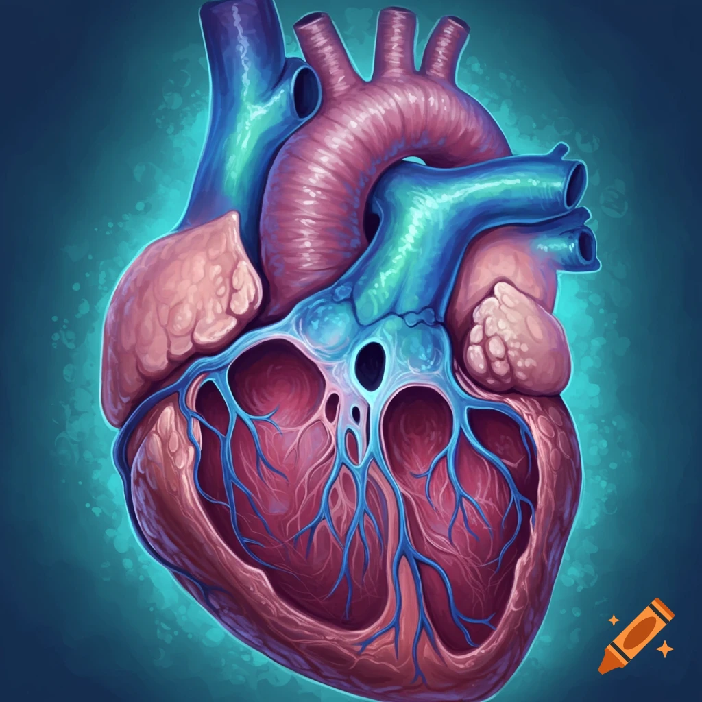 Stylized human heart split in half, showing chambers and vessels.