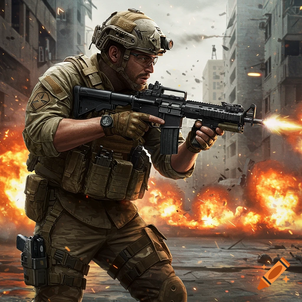 A soldier fires a rifle in a city under attack.