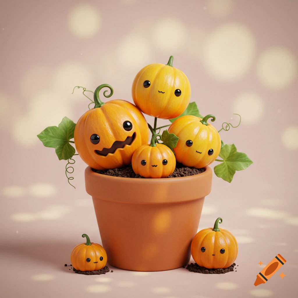 Cute pumpkins with faces growing in a clay pot, 3D render.