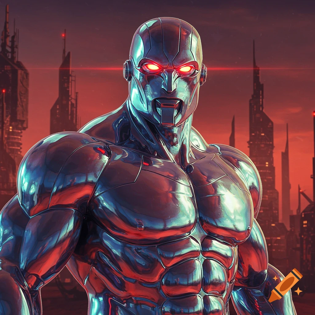 Muscular chrome robot with red eyes in a futuristic cityscape
