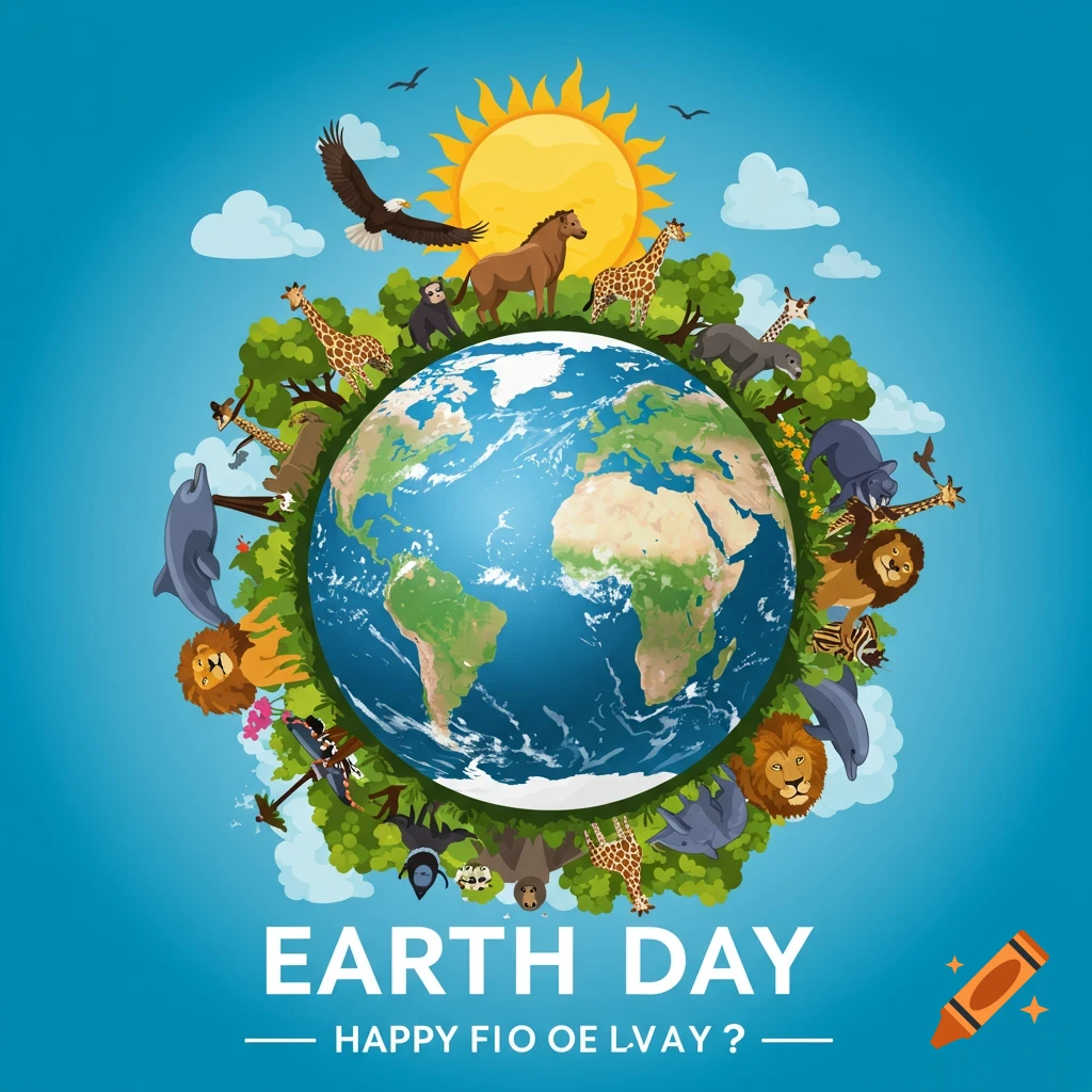 Cartoon illustration of Earth surrounded by diverse animals and trees with the text "EARTH DAY".