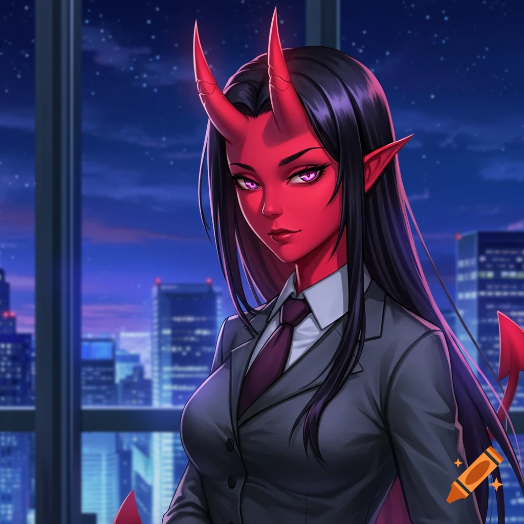 An anime-style demon girl with red skin, horns, and a tail, wearing a business suit, stands in front of a city night view.