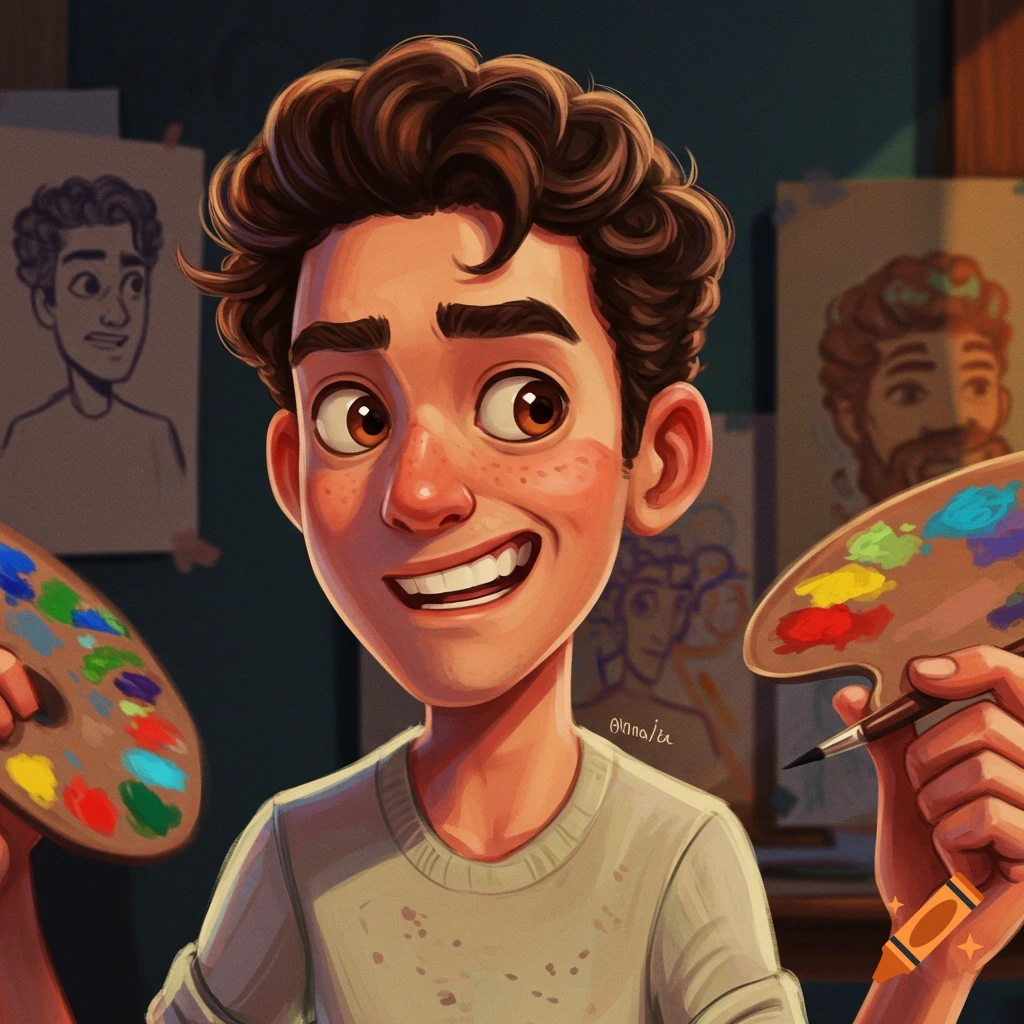 A stylized image of a young man with curly hair and freckles smiling while holding artist palettes and a brush.