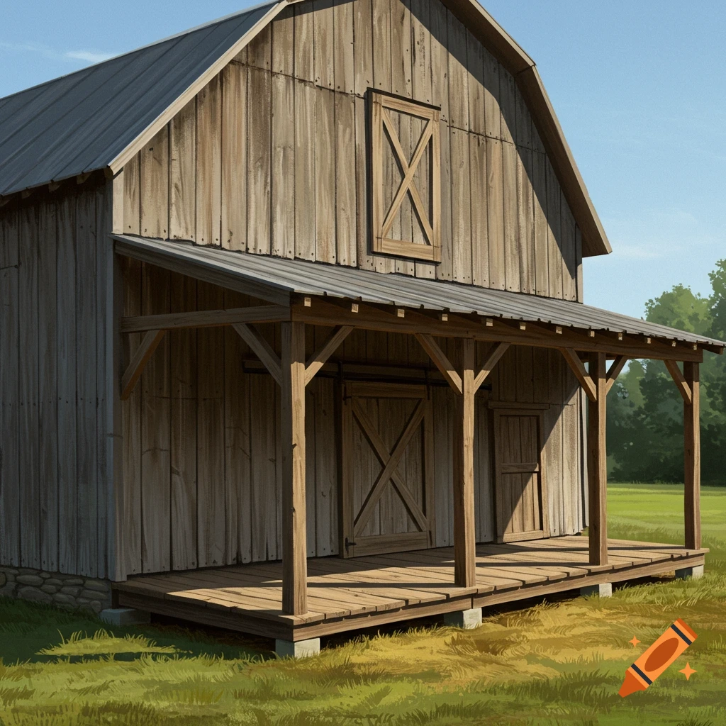 A wooden barn with a lean-to porch.