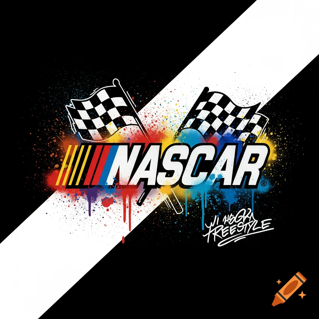 Stylized NASCAR logo with checkered flags and colorful paint splatters on a diagonal black and white background.