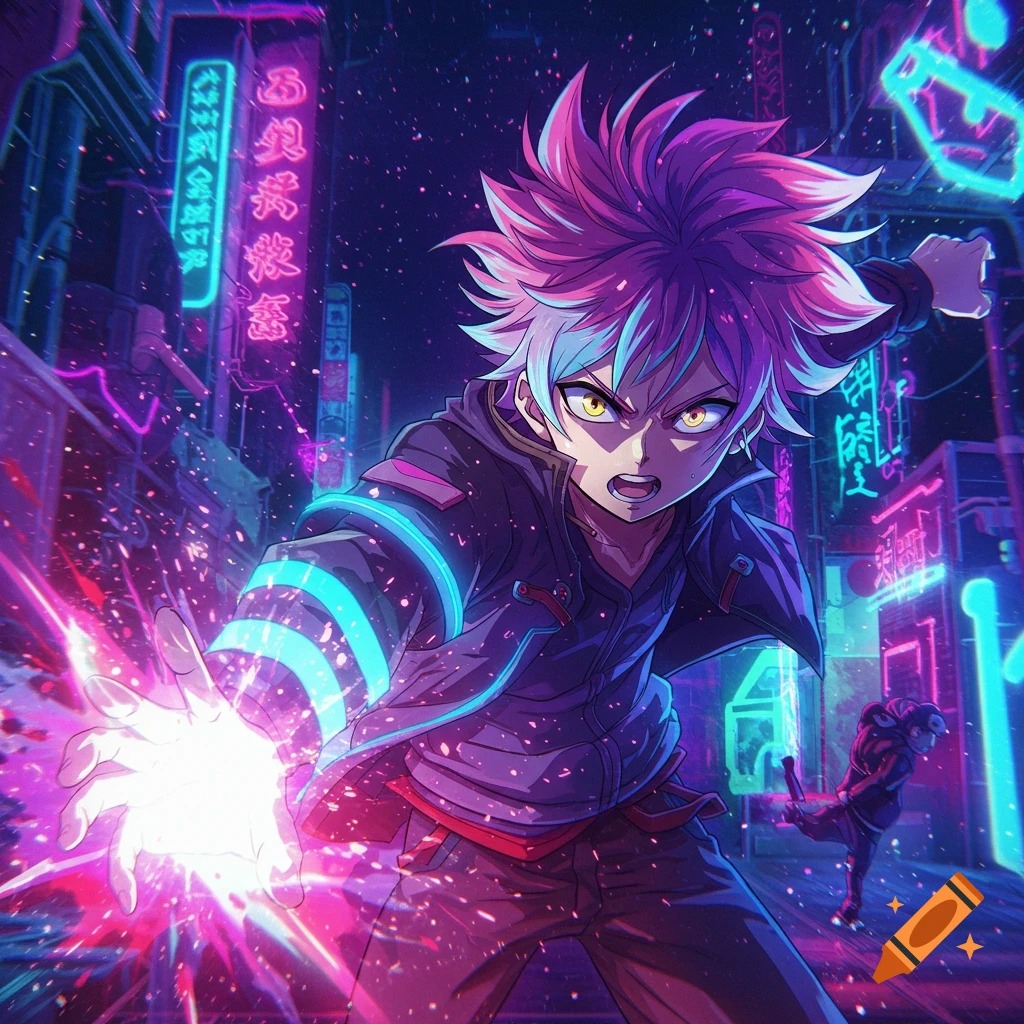 Anime character casting energy in a neon-lit cyberpunk city street.