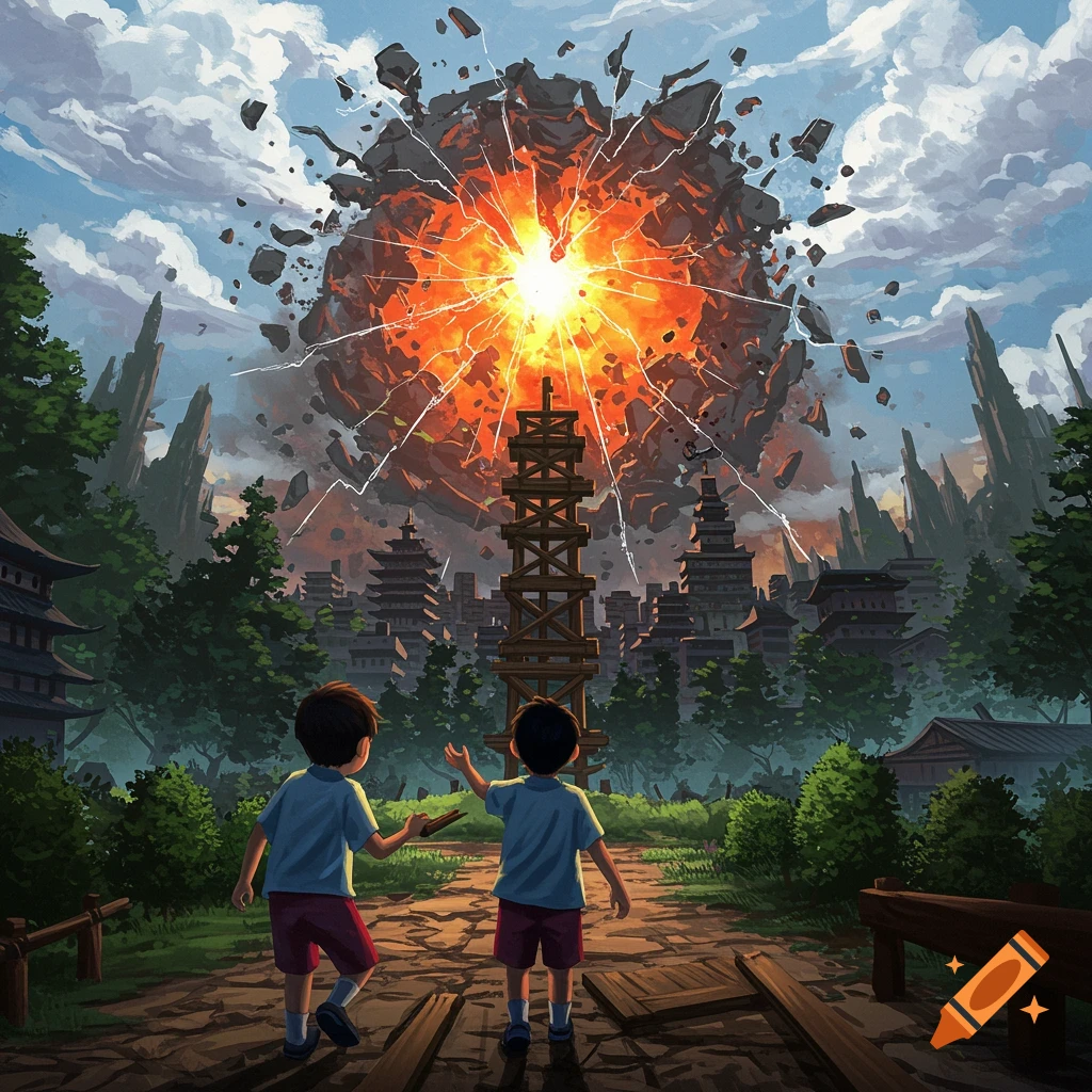 Two children watch a large explosive object and debris in the sky over a city with spires.