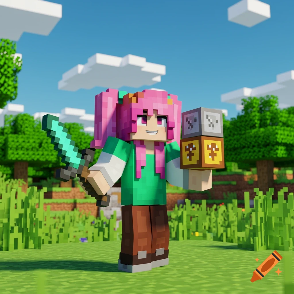 Minecraft character holding a diamond sword and blocks in a blocky landscape.