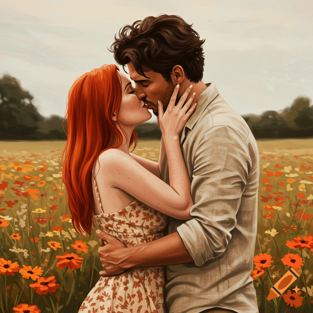 A couple kissing in a field of flowers.