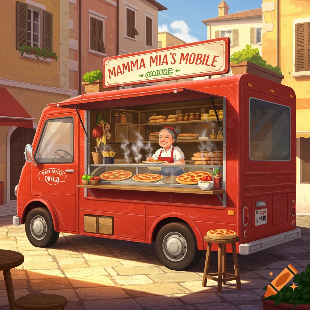 A red food truck selling pizza, labeled Mamma Mia's Mobile, on a street.