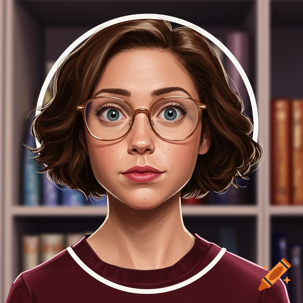 A young woman with short brown hair and glasses looks forward, with a blurry bookshelf behind her.