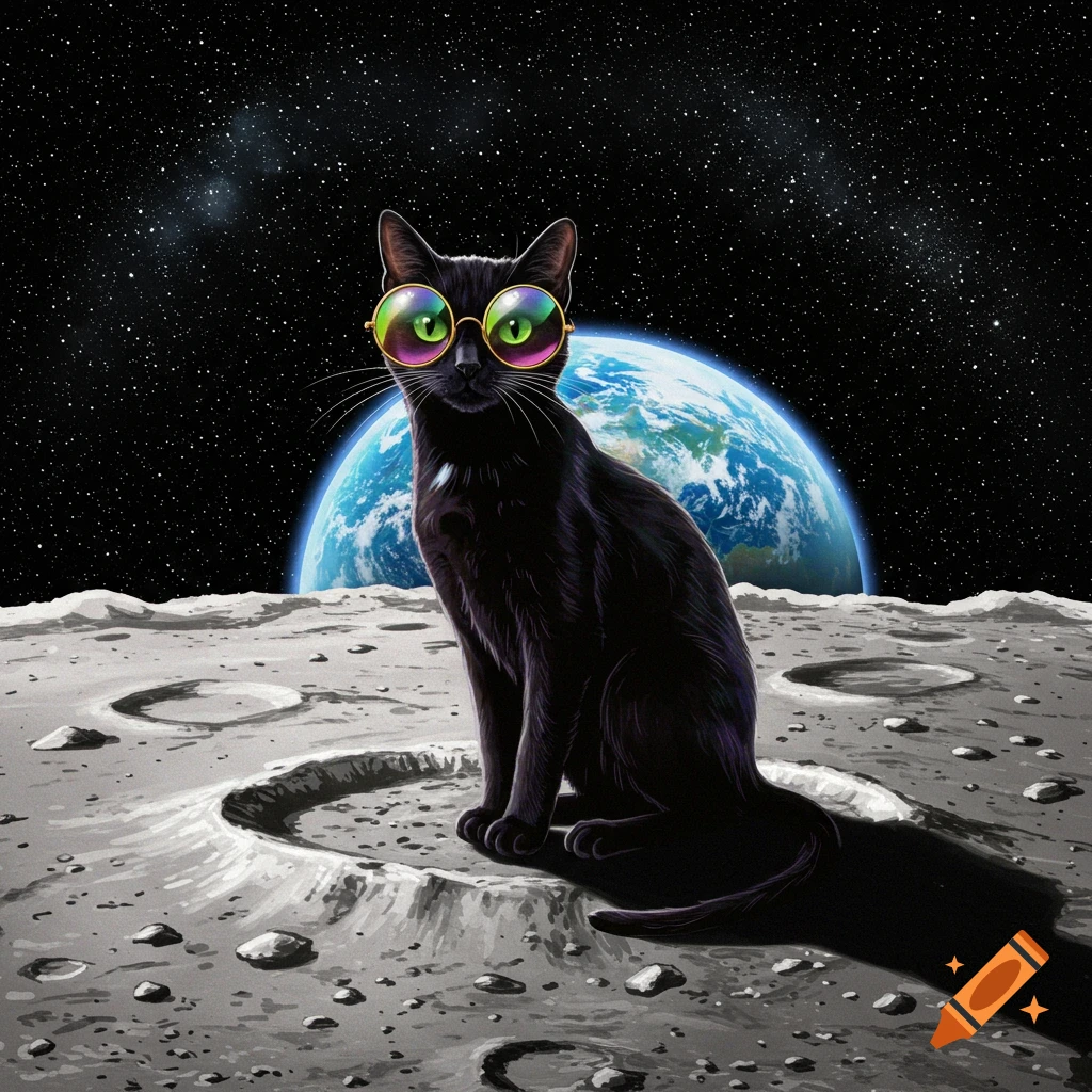 A black cat wearing sunglasses sits on the moon with the Earth in the background.