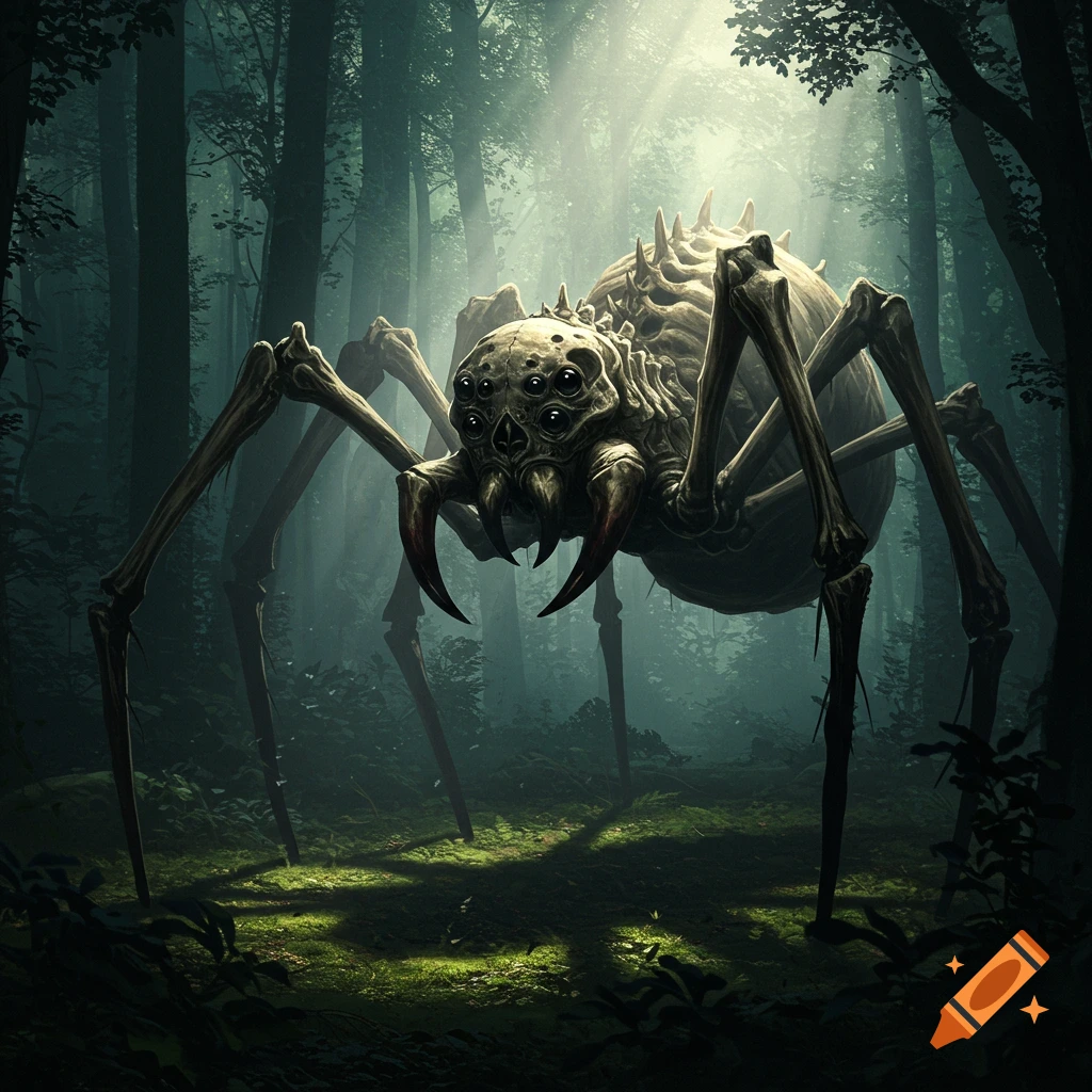 Giant skeletal spider with bone legs and multiple eyes in a misty forest.