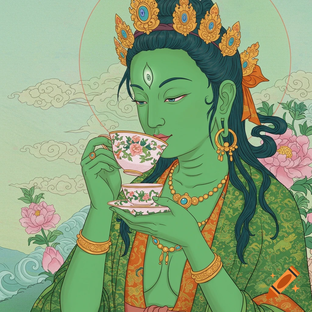 Illustration of a green-skinned figure in spiritual attire and crown, drinking from a decorated teacup amidst clouds and flowers.