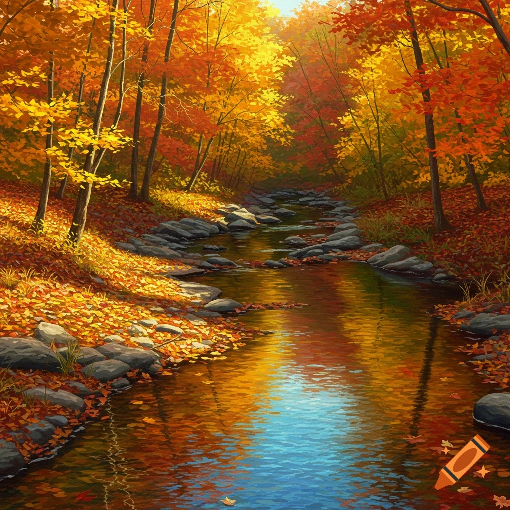A creek flowing through an autumn forest.
