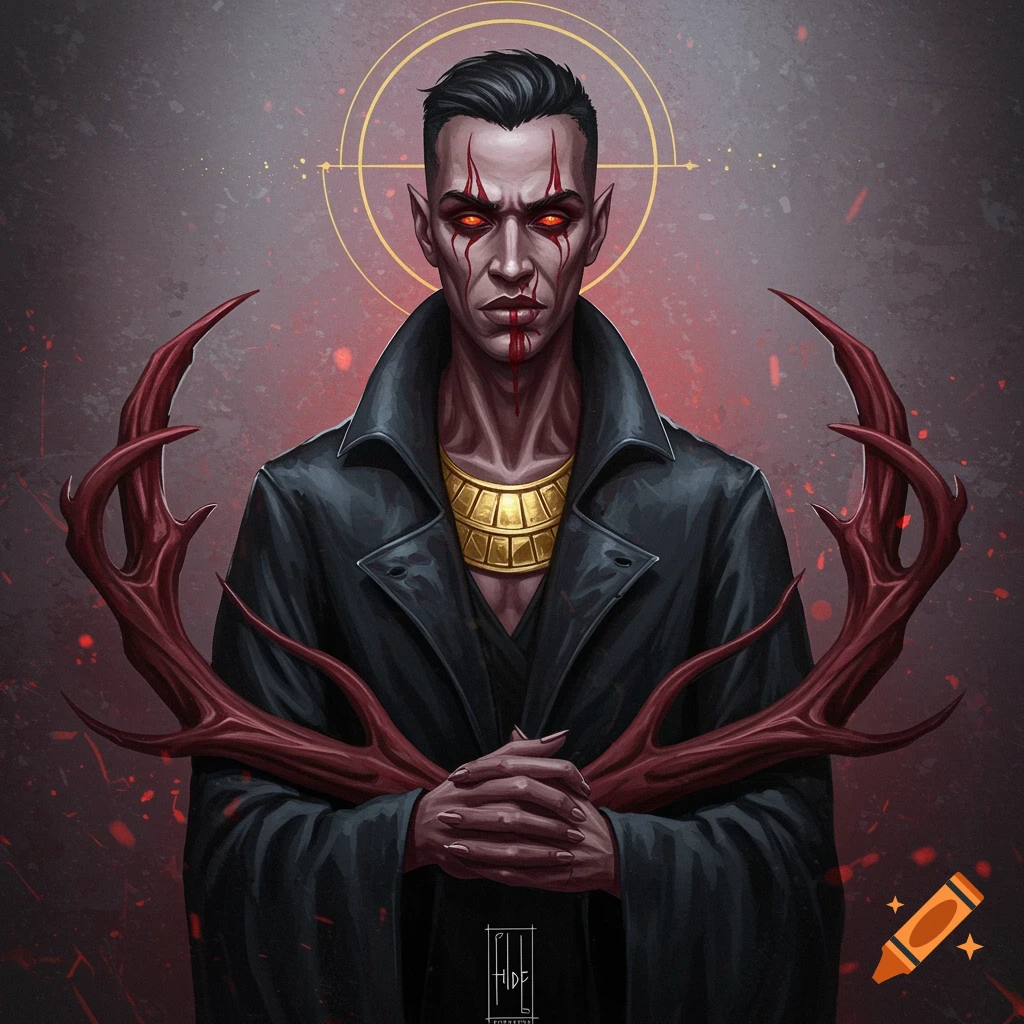 A dark fantasy character with striking red eyes and red facial marks, adorned with a gold collar.  Antler-like growths in red surround him, and he wears a dark coat.