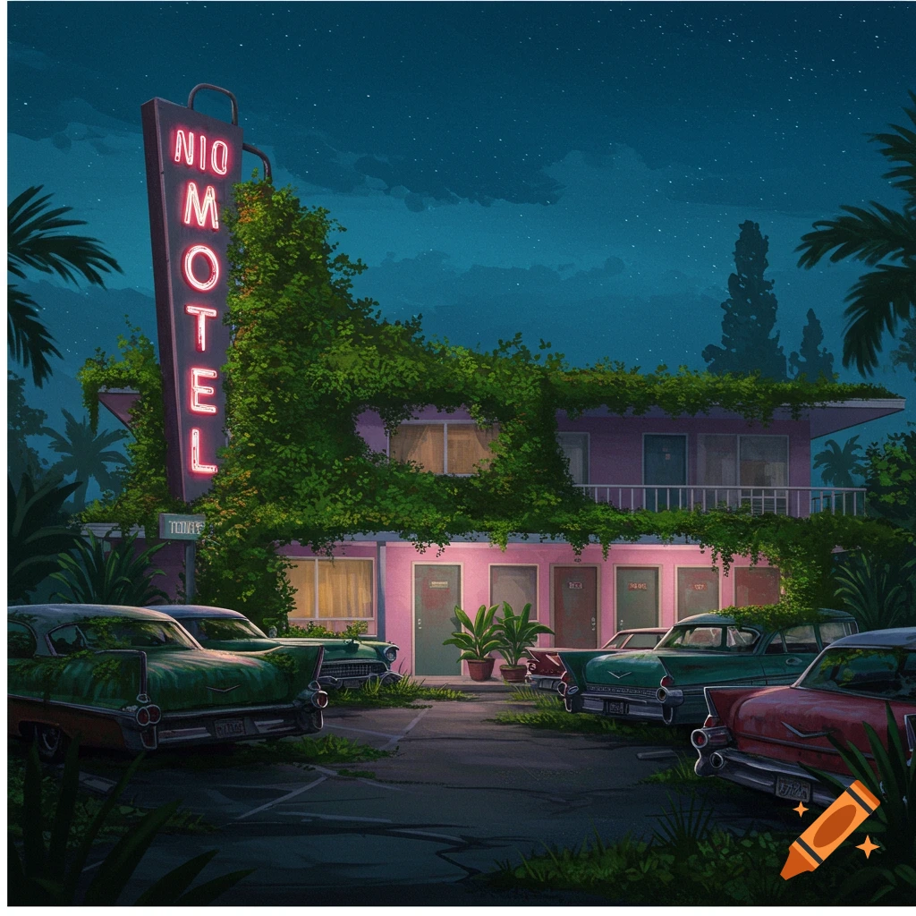 An overgrown pink motel with vintage cars in the parking lot at night under a starry sky.