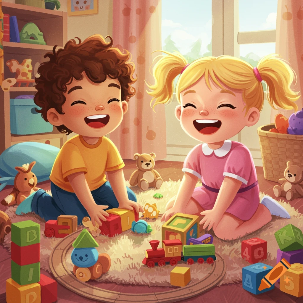 Two happy children play with toy blocks and trains in a sunlit bedroom, digital art.