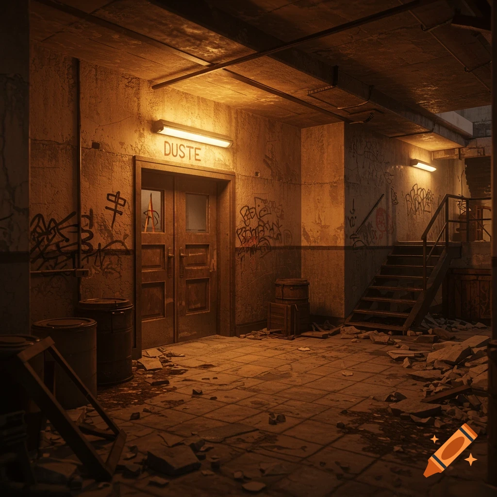 A gritty, abandoned corridor filled with barrels, debris, and graffiti. A sign above a door reads "DUSTE".