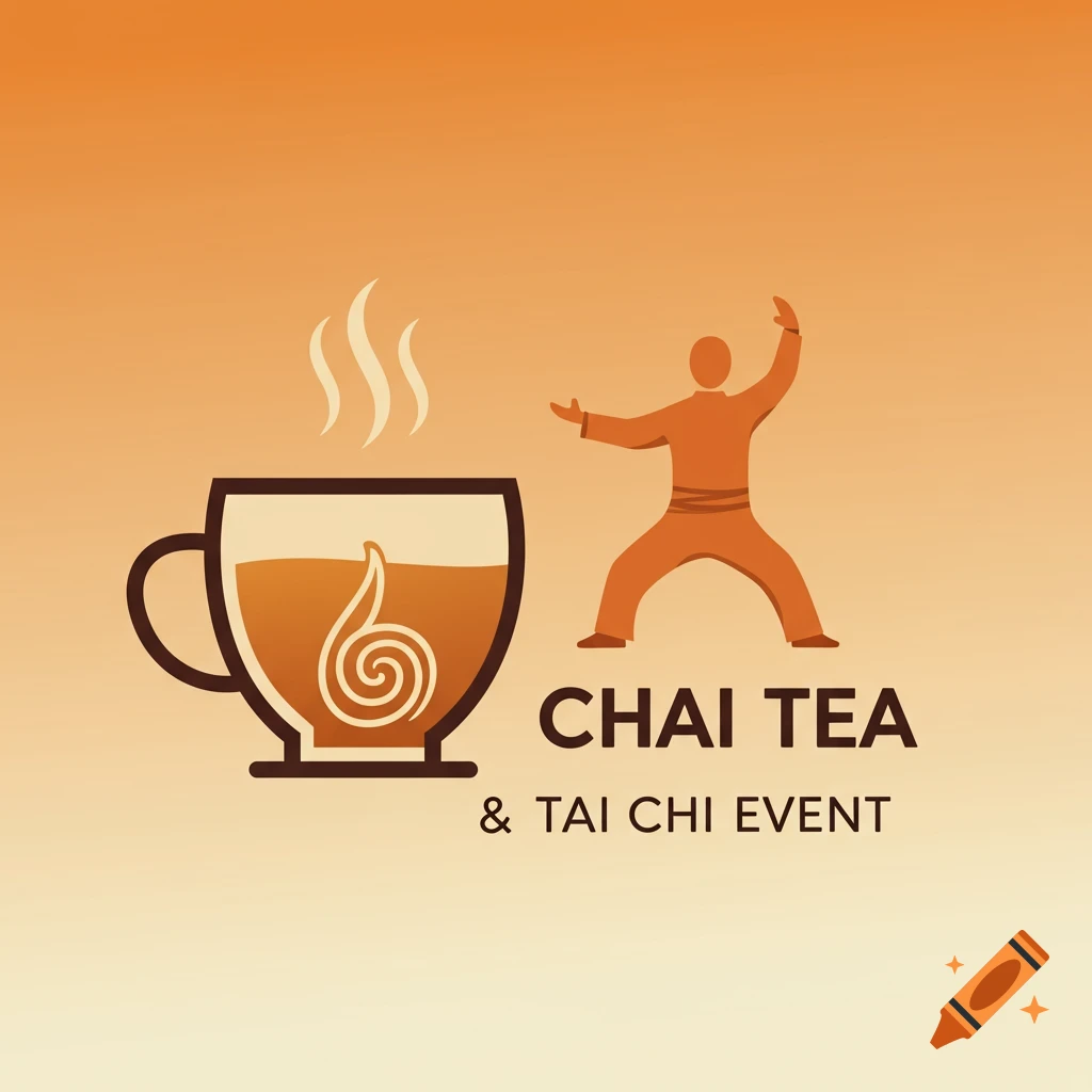 Logo for a chai tea and tai chi event featuring a steaming cup and a figure doing Tai Chi.
