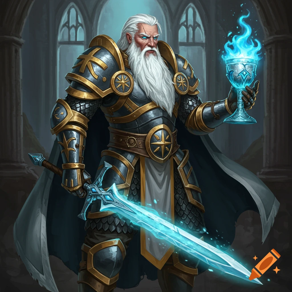 A white-bearded paladin in ornate armor holds a glowing sword and a blue flaming chalice in a church.