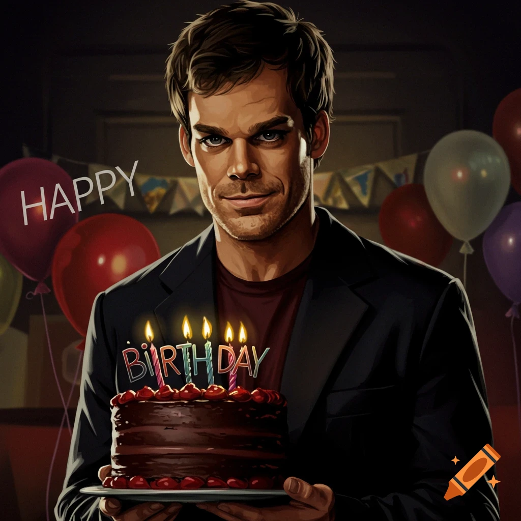 Dexter Morgan holding a chocolate birthday cake with candles in a room with balloons.