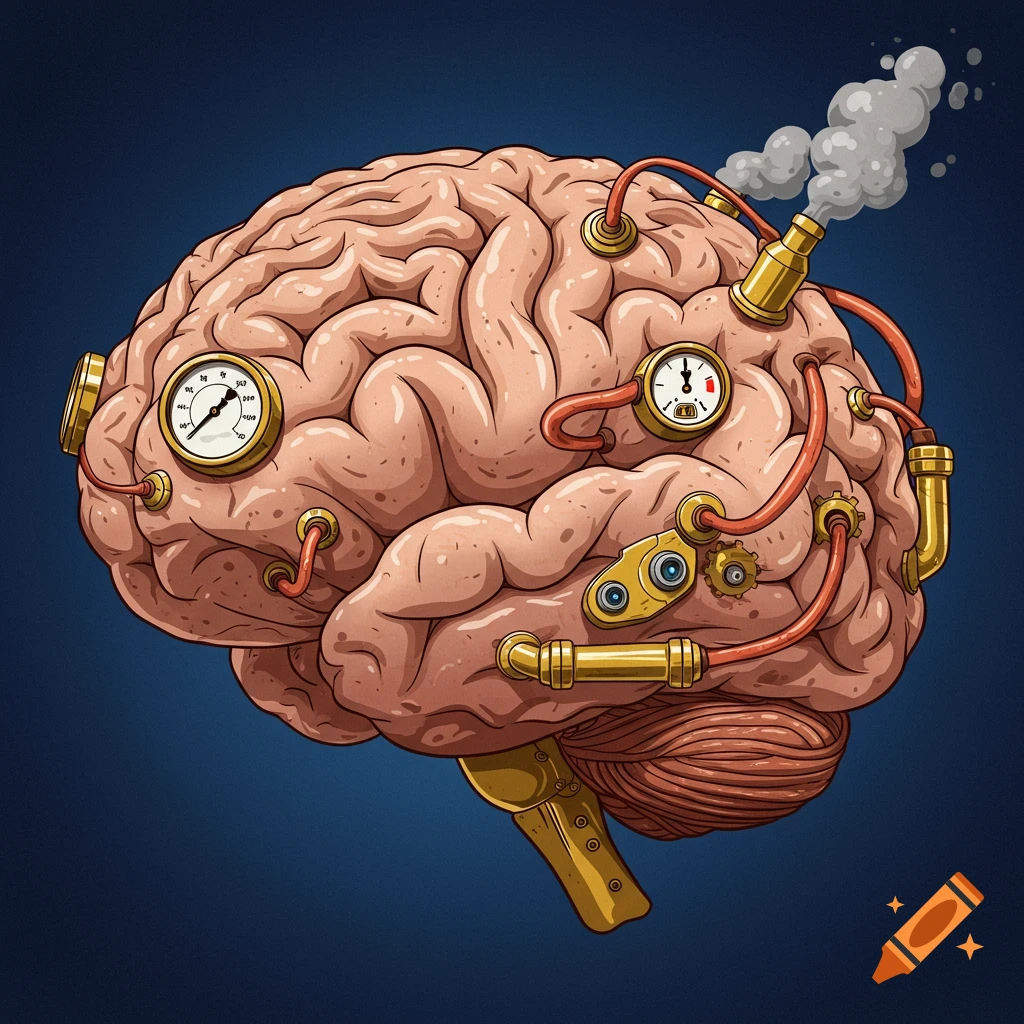 Steampunk illustration of a brain with pipes, gears, and gauges, emitting smoke.