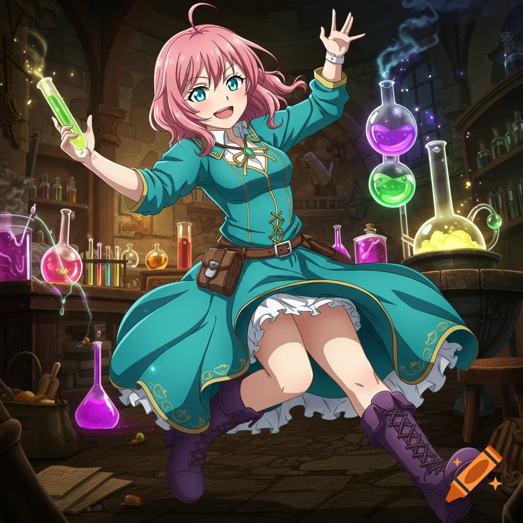 A cheerful anime alchemist girl with pink hair holds a bubbling test tube in a messy laboratory.