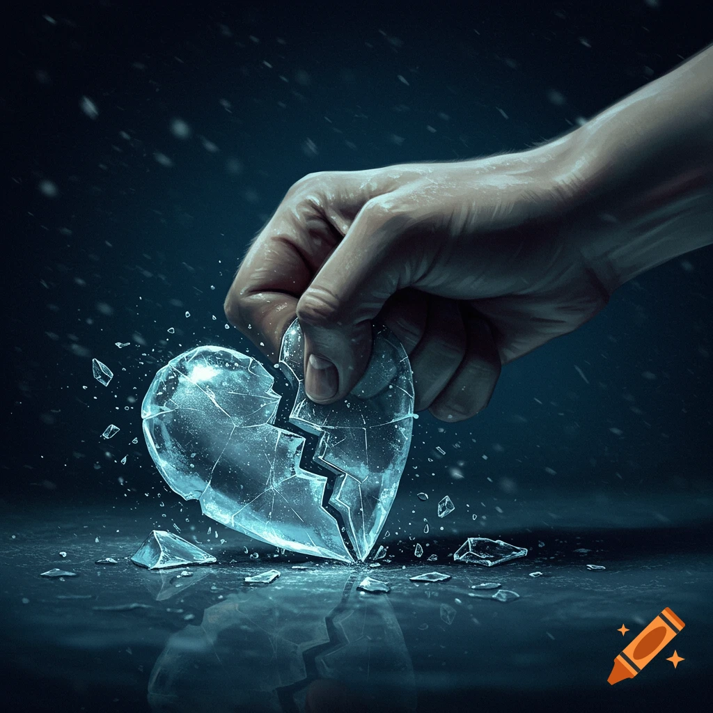 A hand crushing a broken ice heart.