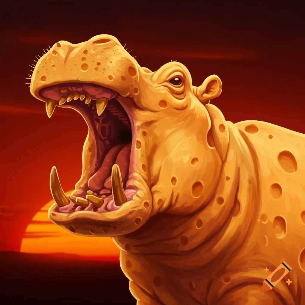 An angry hippo made of cheese is roaring against a sunset background.