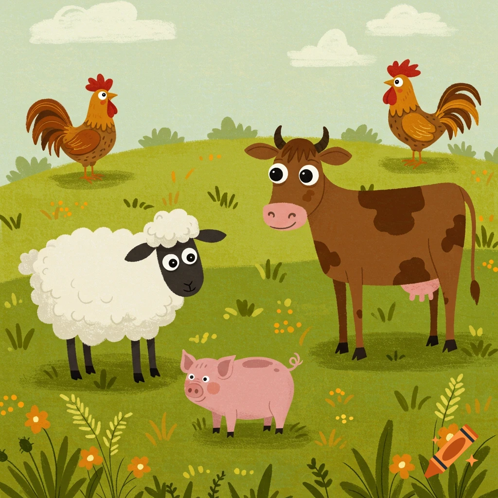 Cartoon farm animals including a sheep, cow, pig, and roosters in a field.