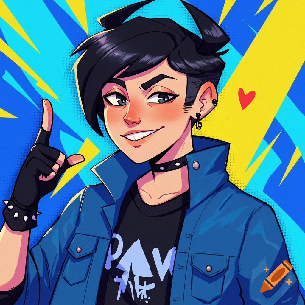 A punk character in a blue jacket is pointing up, with black fingerless gloves, choker, and abstract yellow and blue background.