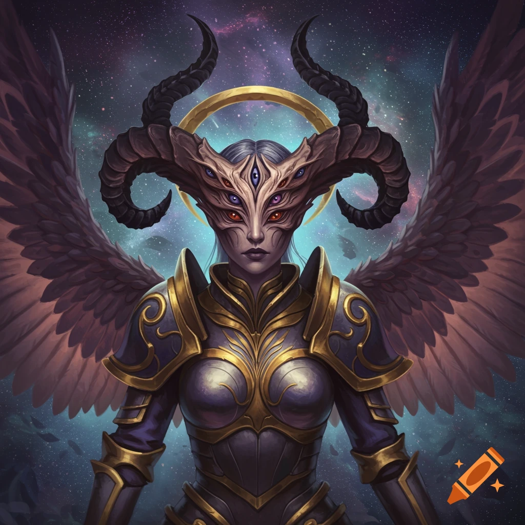 A fantasy character with horns, multiple eyes, armor, and wings against a space background.