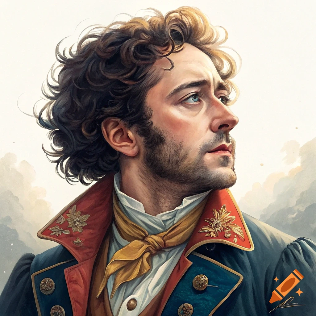 Painting of a man with curly hair in a historical coat and yellow cravat