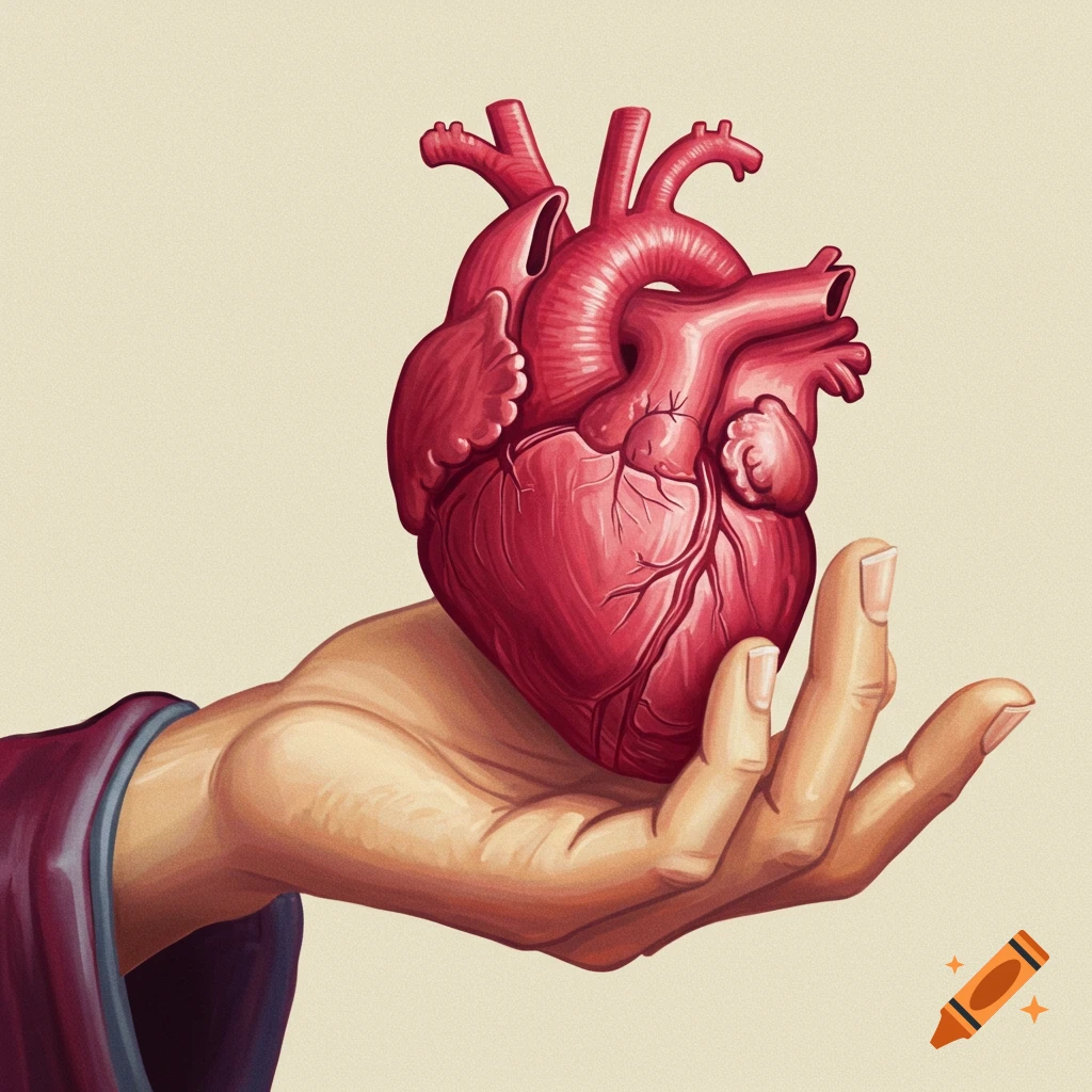 A hand holding a human heart