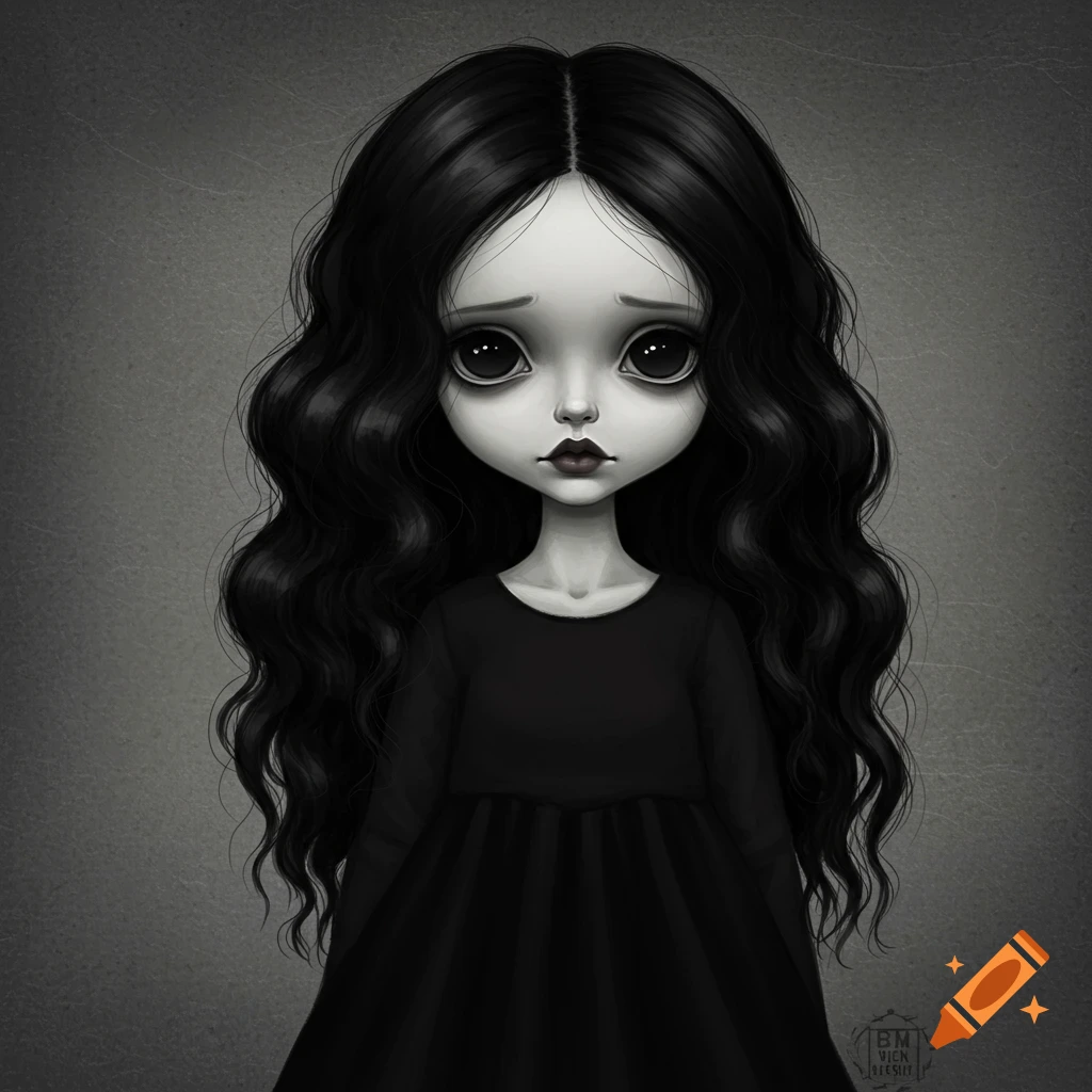 A sad doll-like figure with black hair and large eyes.