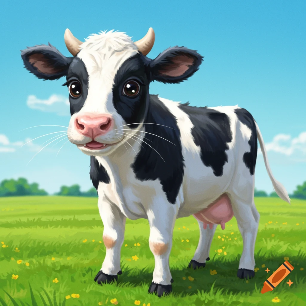 A cute cartoon cow stands in a green field with small yellow flowers under a blue sky.
