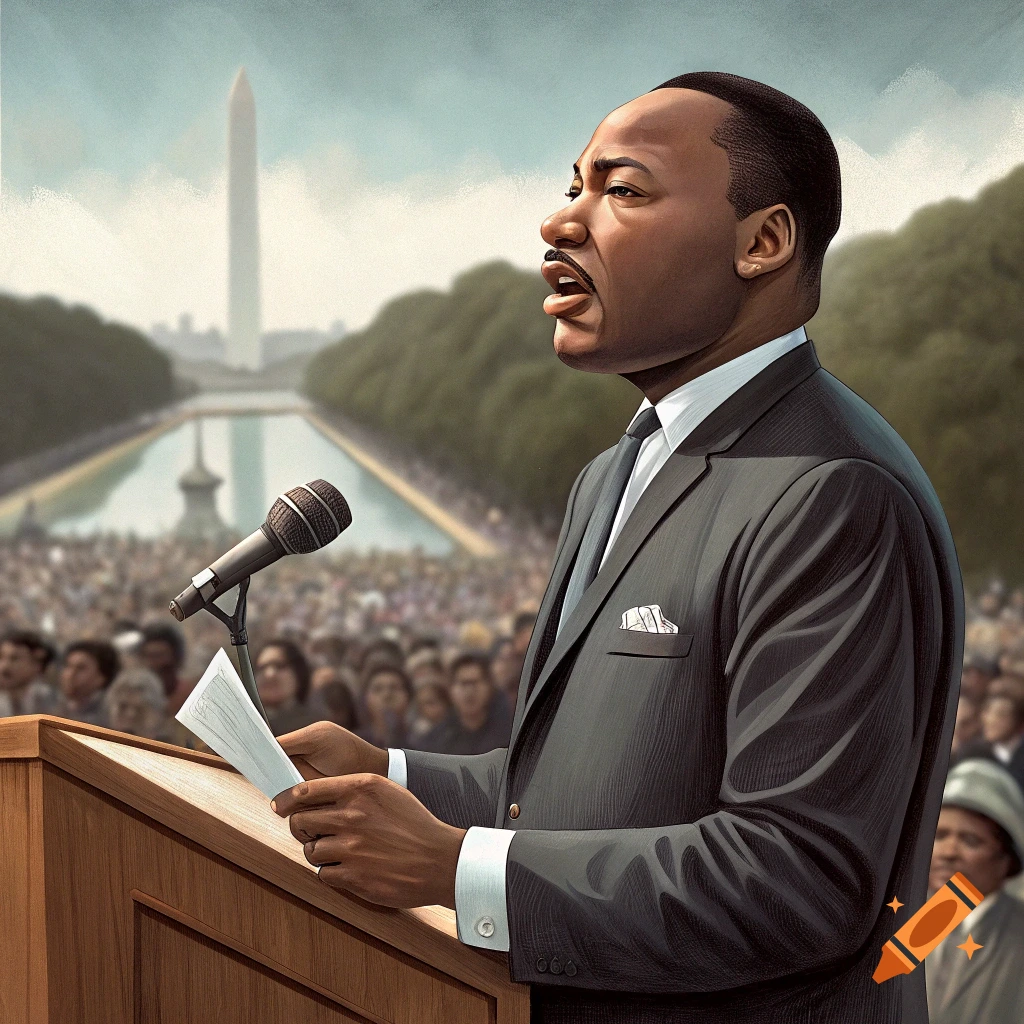 Illustration of Martin Luther King Jr. speaking at a podium in front of a crowd with the Washington Monument in the background.