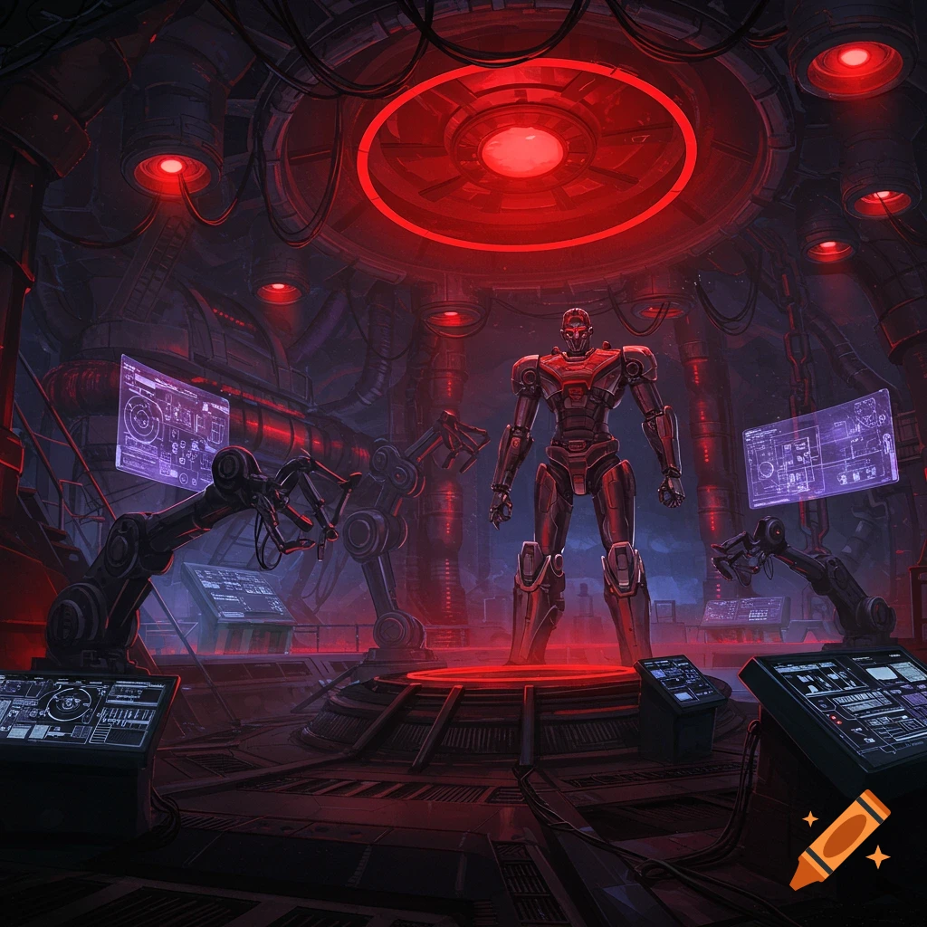 A red robot stands in a sci-fi lab with glowing red lights and monitors showing diagrams.