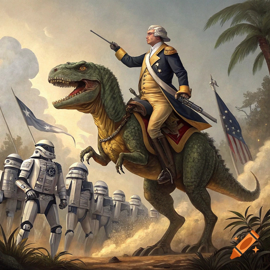 George Washington rides a T-Rex into battle against futuristic soldiers