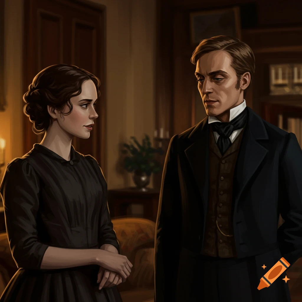 A man and woman in 19th-century attire talking in a dimly lit room.