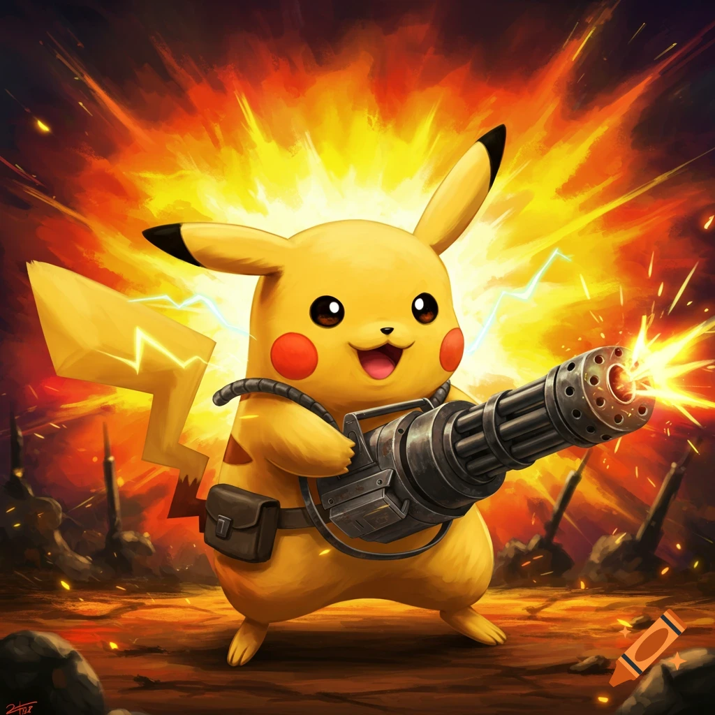 Pikachu holds a minigun in a battlefield with explosions.