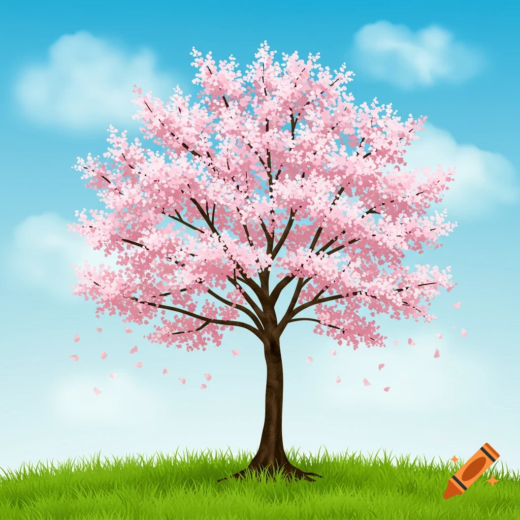 A vector graphic of a blooming cherry blossom tree on a grassy hill under a blue sky with clouds.