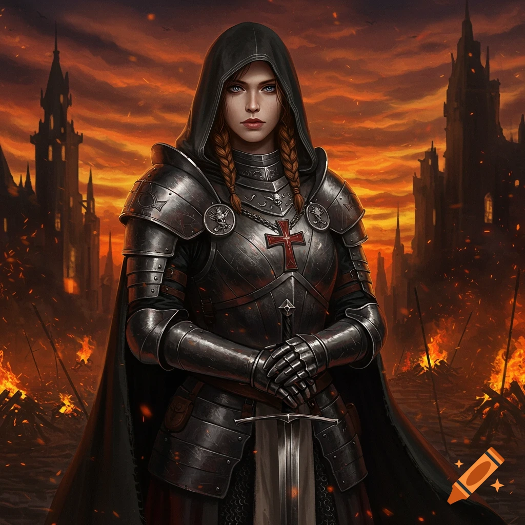 A woman in dark armor and a hood stands holding a sword, with burning buildings in the background.